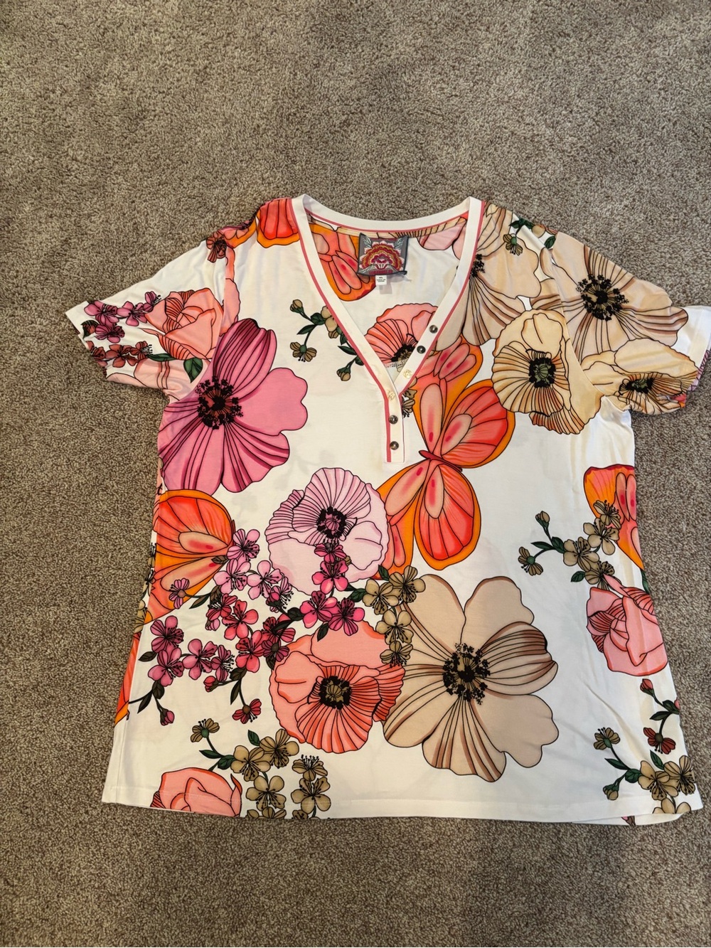 Johnny Was White Floral V-Neck Tee with Pink, Orange & Beige Blooms